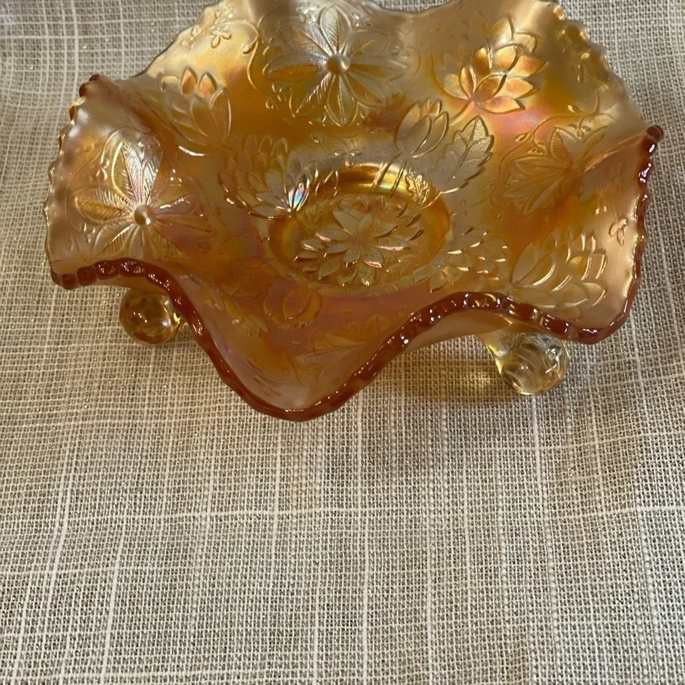 Antique Dugan Marigold Carnival Glass Garden Path Footed Ruffled Bowl